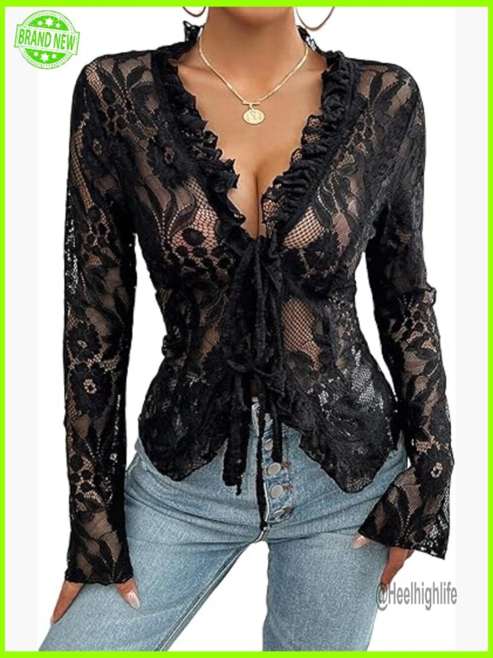 Long Sleeve Lace Crop Top Sheer Mesh Blouse V-Neck Tie Front